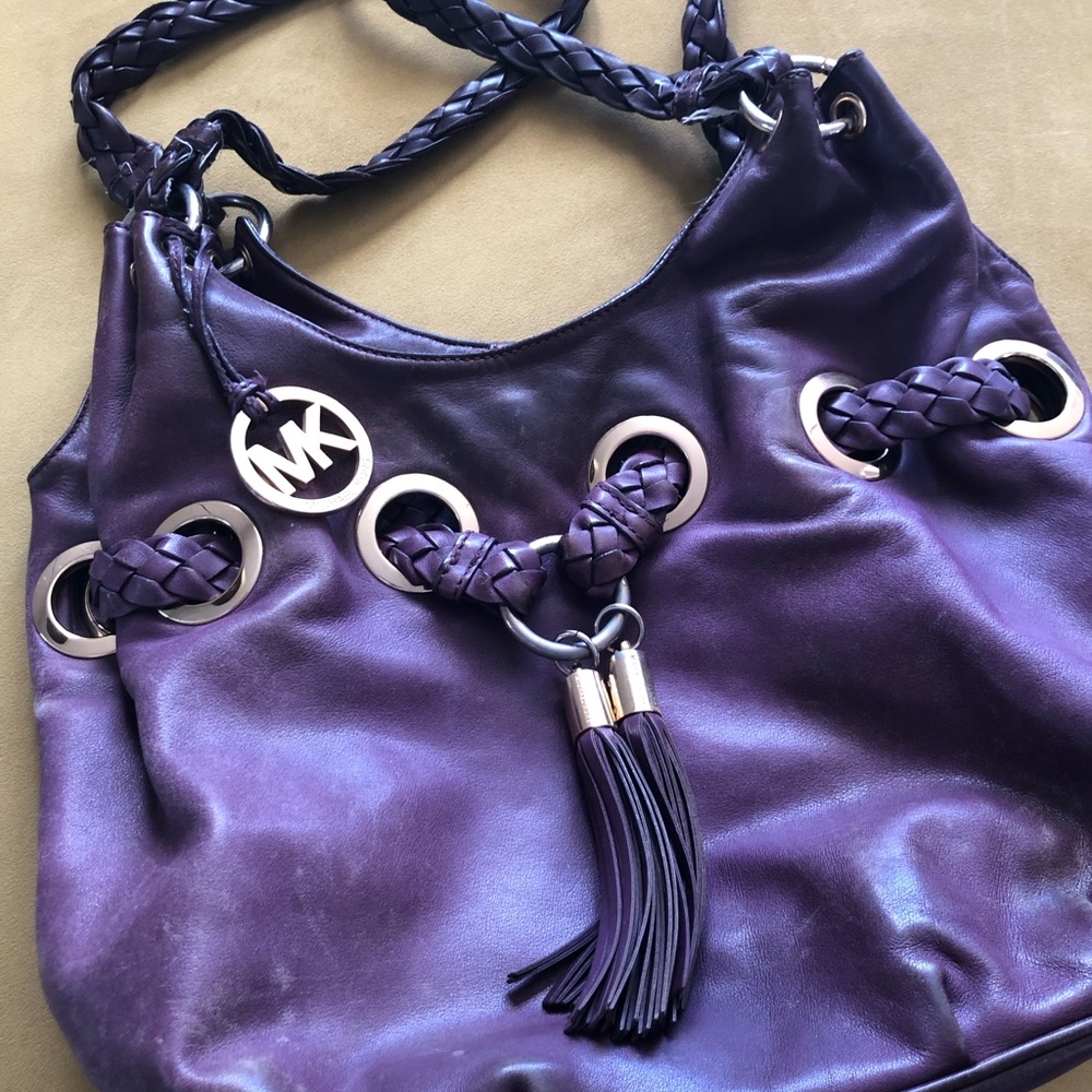 Michael Kors Purple Leather Braided Tassel Shoulder Bag